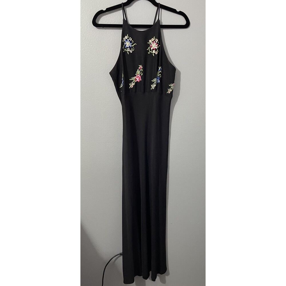 90s Women 11/12 Embroidered Floral Maxi Dress Black Moody Floral Y2K Prom Goth‎